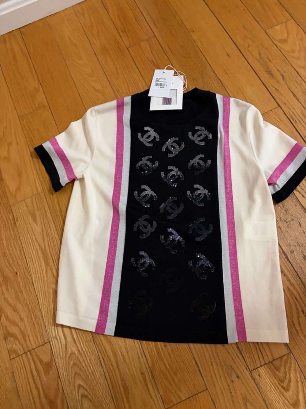 CHANEL Black, White & Pink Sequin CC Knit Top